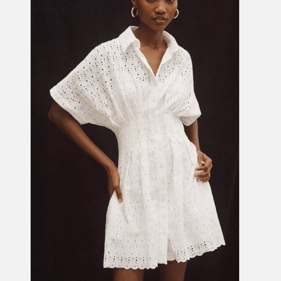 Anthropologie Dresses & Skirts - Anthropologie The Tobie Eyelet Mini Shirt Dress by Exquise White XSP NWT XS P